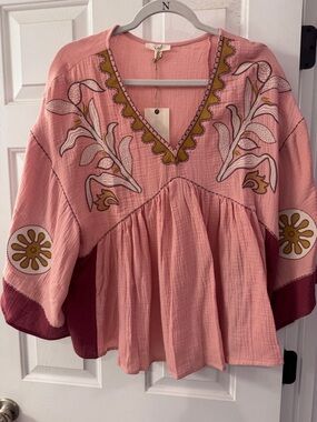 easel Pink Embroidered Peasant Tunic with Mustard Accents